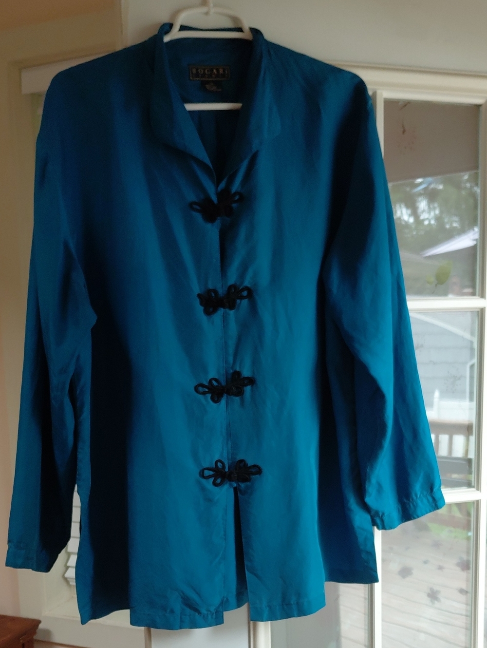 Teal Bogari Studio Mandarin Collar Silk Blouse